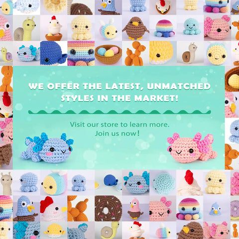 Collage of crocheted animals including axolotls in a promotional image for All In One Beginner Crochet Kit With Axolotl Pattern And Video Tutorials For Adults And Teens Starter Friendly No Fuss Do It Yourself Knitting Set With Four Easy Yarns Stuffing Hooks Safety Eyes Scissors Pattern Guide And Basic Manual.