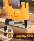 Cordless 18GA Brad Nailer And Electric Staple Gun Two In One Wire Free Nail Tool For Home Repair Easy DIY Woodworking Quick Fixes in use on wood.