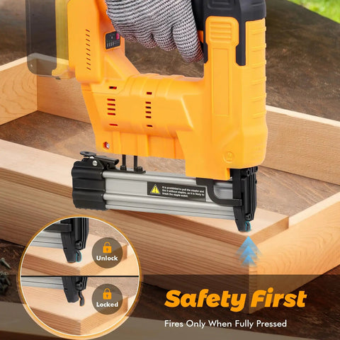 Cordless 18GA Brad Nailer And Electric Staple Gun Two In One Wire Free Nail Tool For Home Repair Easy DIY Woodworking Quick Fixes in use on wood.