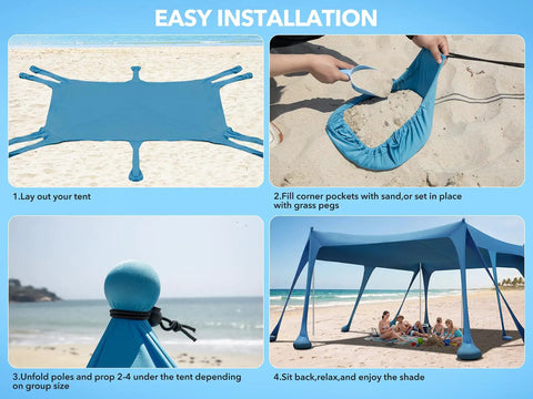 Rock Solid Beach Canopy Tent 10x13 Ft With Ten Sandbags And 22mm Thick Aluminum Poles, UPF50Plus Sun Shade set up on beach