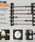 Heavy Duty 12 Rod Fishing Rod Rack For Wall Or Ceiling Mount Keeps Your Rods Neatly In Place Up To 12 With Deep Groove Design Steel Construction Black Powder Coated Wall Or Ceiling Mounted Storage For Garage Cabin And Basement, showing soft PVC protection