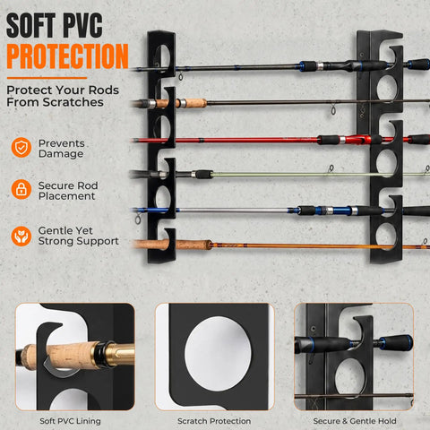 Heavy Duty 12 Rod Fishing Rod Rack For Wall Or Ceiling Mount Keeps Your Rods Neatly In Place Up To 12 With Deep Groove Design Steel Construction Black Powder Coated Wall Or Ceiling Mounted Storage For Garage Cabin And Basement, showing soft PVC protection