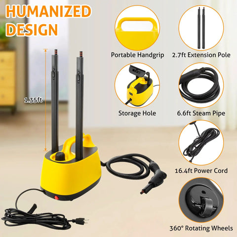 Heavy Duty Handheld Steam Cleaner For Spotless Home Cleaning with portable handgrip, 6.6ft steam pipe, and 16.4ft cord.