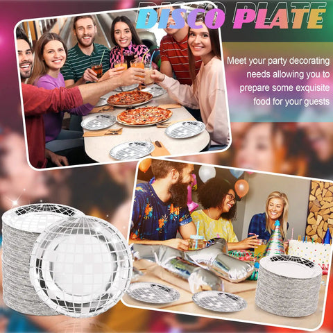 Totally Perfect 100 Pack 9 Inch Silver Disco Plates For 70s Party Decor Disposable Dinner And Dessert Plates, party scenes