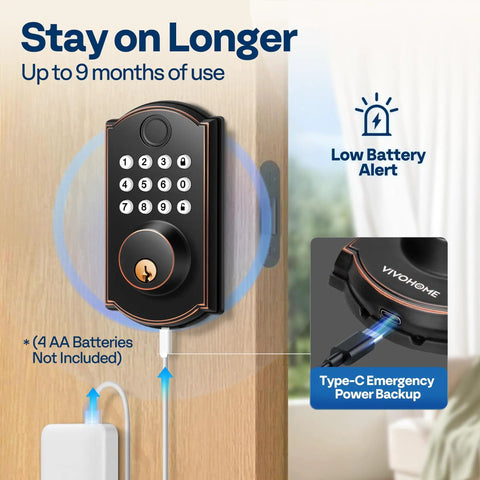 Keyless Entry Door Lock With Fingerprint And Passcode, Electronic Deadbolt For Front Door, Auto Lock, shown on wooden door