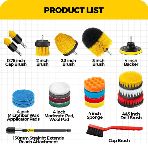 Dope 22 Piece Drill Brush Attachment Kit With Scrub Pads Sponges Buffing Pads Wax Applicator Pads Car Polishing Pads Power Scrubber Gear For Cleaning And Polishing Home Garage Masonry Cleaning Supplies product list with brushes and pads.