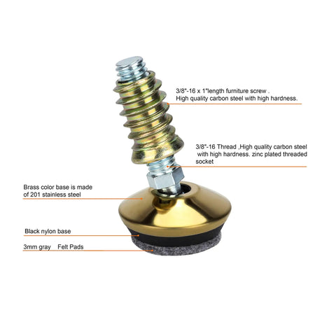 Swivel Furniture Levelers Set, Heavy Duty Go To Adjustable Table Leg Levelers for Tables Chairs and Cabinets, Three Eighths By Sixteen Thread, Brass Base With Four Felt Pads, Solid Steel Core, 4 Pack