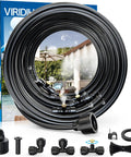 Outdoor Misting System For Patio And Garden With 100 Foot Misting Line, 30 Brass Mister Heads, and various adapters shown.