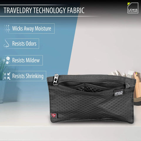 Black RFID Blocking Travel Pouch Money Belt Stash Wallet for Cash, Cards, ID, Passport, showing travel-dry fabric features.