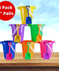 Six Pack Kids Beach Buckets And Shovels Set For Outdoor Summer Fun 7 Inch Large Sand Pails in assorted colors on wooden table.