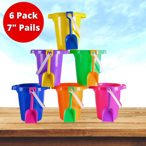 Six Pack Kids Beach Buckets And Shovels Set For Outdoor Summer Fun 7 Inch Large Sand Pails in assorted colors on wooden table.