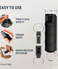 Heavy Duty Orange Peel Pepper Spray With Quick Release Keychain For Solid Reliable Self Defense And Street Smart Everyday Carry Protection Made In America with twist-lock safety and finger grips.
