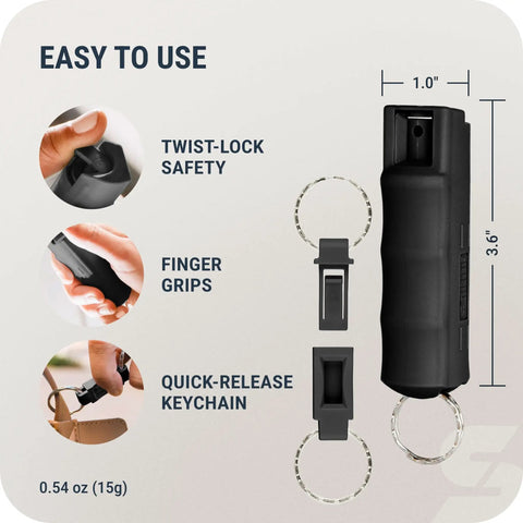 Heavy Duty Orange Peel Pepper Spray With Quick Release Keychain For Solid Reliable Self Defense And Street Smart Everyday Carry Protection Made In America with twist-lock safety and finger grips.