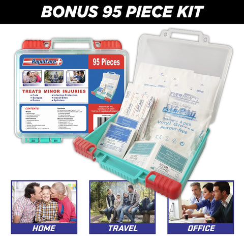 RapidCare 95-Piece First Aid Kit: front view in blue case; tray shows bandages and wipes; includes bonus travel pack.
