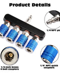 Four Way Air Manifold Splitter With Four Quick Connect Couplers And One Quarter Inch MNPT Plug Aluminum Body With Nickel