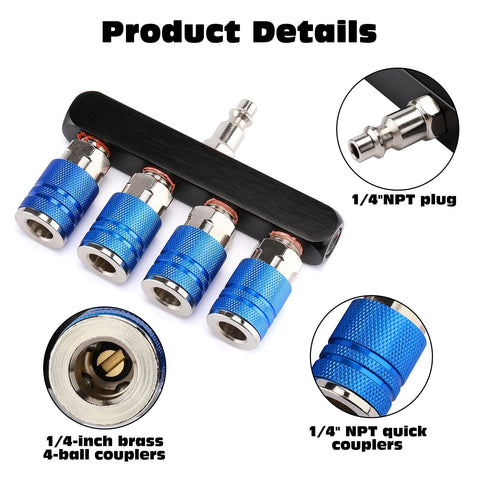 Four Way Air Manifold Splitter With Four Quick Connect Couplers And One Quarter Inch MNPT Plug Aluminum Body With Nickel