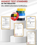 Stacks of colorful electrical tape with compliance certificates in front, showcasing MIL-GRADE authoritative certification.