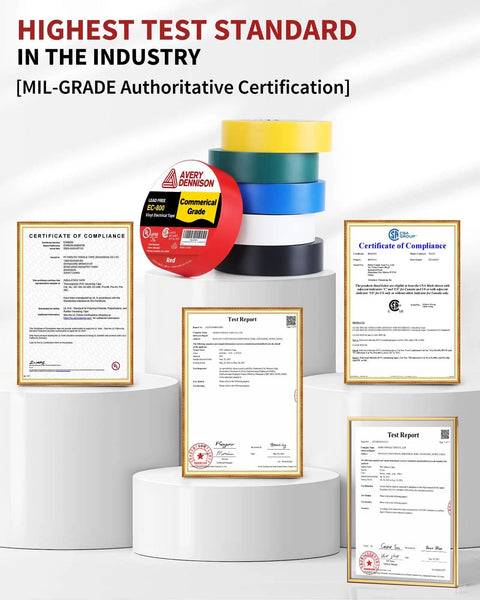 Stacks of colorful electrical tape with compliance certificates in front, showcasing MIL-GRADE authoritative certification.
