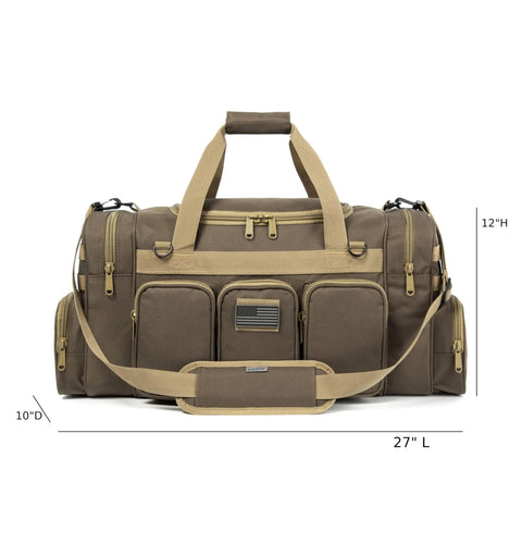 Heavy Duty Tactical Range Duffel With MOLLE Gear, Lockable Zippers, Water Resistant Polyester, 27 Inch, Khaki, US Flag Patch