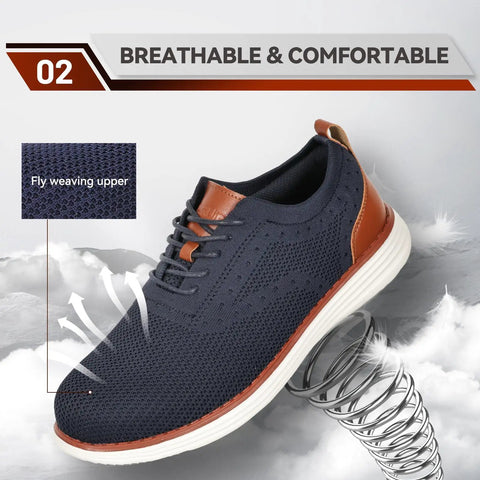 Navy blue steel toe work sneakers for men, lightweight Oxford style safety shoes with breathable knit upper, ASTM F2413 rated.