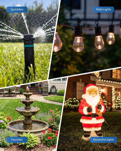 Top Notch Outdoor Power Stake Timer With Waterproof Shell And Automatic Dusk To Dawn Scheduling Delivers Six Grounded Outlets For Zero Sweat Landscape Lighting And Yard Gear Setup Daily with sprinklers, patio lights, fountain, and decorative Santa lights.