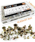 Front view of Trivd Frol 830pc SAE rivet nut kit in clear box; galvanized carbon steel flat-head nuts.