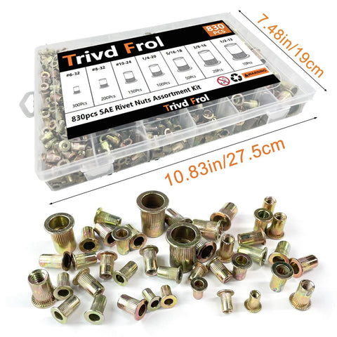 Front view of Trivd Frol 830pc SAE rivet nut kit in clear box; galvanized carbon steel flat-head nuts.