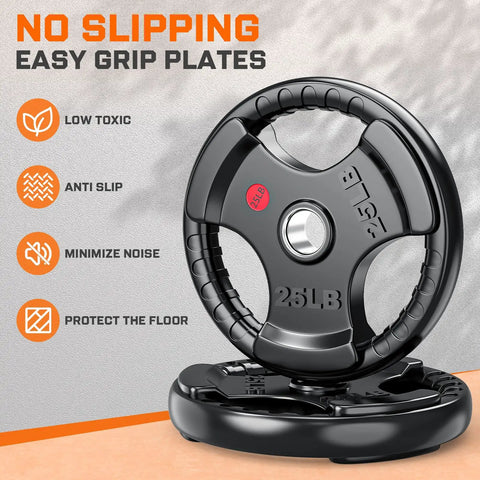 Heavy Duty 2 Inch Olympic Rubber Weight Plates For Barbell Strength Training And Weightlifting Solid Cast Iron Core With Floor Protecting Design Perfect Home Gym Bulk Up Set Pair 25 Lbs Each, featuring easy grip and anti-slip design.