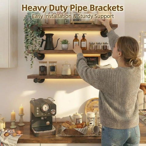 Woman installing Industrial Pipe Shelf Brackets 10 Pack Wall Mount DIY Shelving Brackets 8 Inch Black Iron Pipe Decor For Rustic Wall
