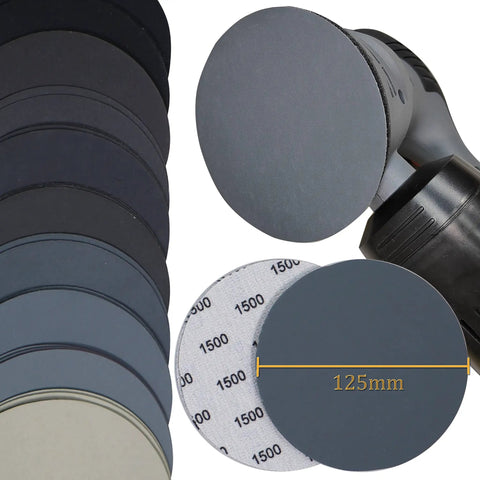 5 Inch No Hole Sanding Discs Set, 30 Pieces, 10 Grits From 240 To 3000 displayed with random orbital sander and sandpaper details