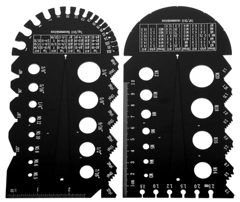 Wen ME210G metric/imperial metal thread-pitch multi-gauge set, black, two-pack (front view) with scale charts.