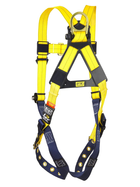 No-Tangle Full Body Safety Harness With Back D-Ring, Tongue Buckle Leg Straps, 2X-Large Navy and Yellow, front view