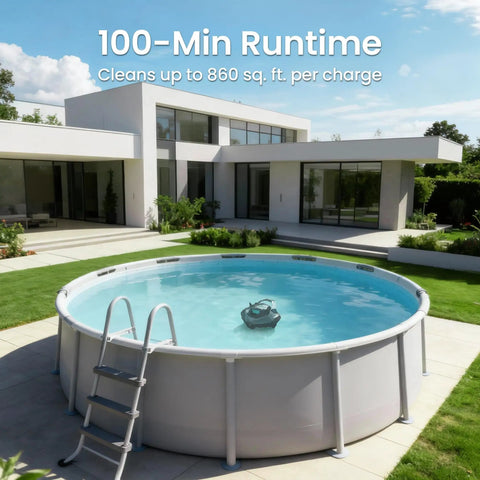 Seagull SE Cordless Robotic Pool Cleaner For Above Ground Pools with LED Indicator in flat pool, 100-minute runtime.