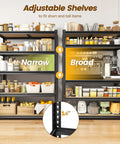 Detachable 5 Tier Storage Shelves For Pantry Kitchen Closet, adjustable black metal shelving with narrow and broad shelf spacing