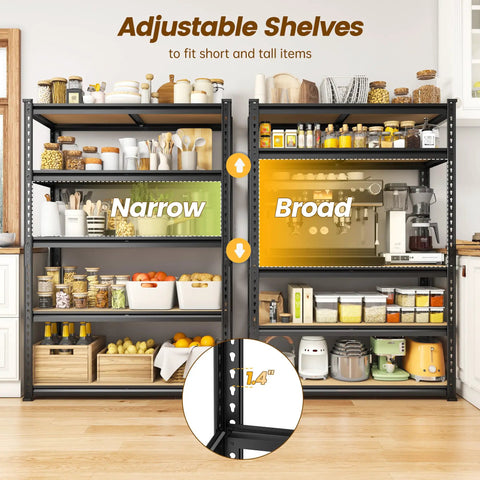 Detachable 5 Tier Storage Shelves For Pantry Kitchen Closet, adjustable black metal shelving with narrow and broad shelf spacing