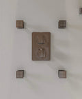 HomeStock Modern Square Solid Brass Shower System with Wall Mount Installation and Brushed Nickel Finish from above view on wall.
