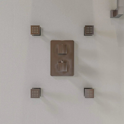 HomeStock Modern Square Solid Brass Shower System with Wall Mount Installation and Brushed Nickel Finish from above view on wall.