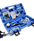 Hydraulic Copper Tube Expander Kit With Seven Interchangeable Heads for HVAC in blue case with tools and gloves