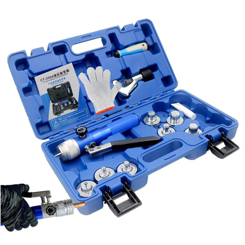 Hydraulic Copper Tube Expander Kit With Seven Interchangeable Heads for HVAC in blue case with tools and gloves