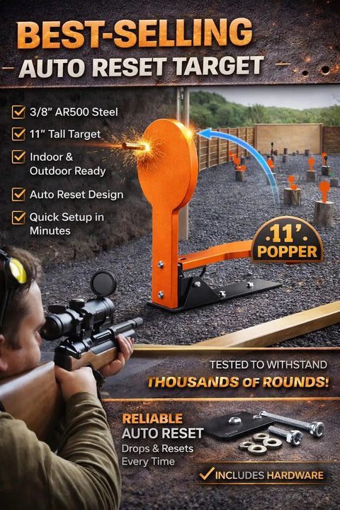 AR500 Steel Shooting Target 12 Inch Auto Reset Popper For Outdoor Range Training Orange Three Eighths Inch Thick Durable Steel