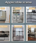 Extra Tall And Extra Wide Baby Gate For Stairs And Doorways Pressure Mounted Walk Through Gate For Babies And Pets Heavy Duty Metal Gate In Black Extends From Forty Seven To Fifty Two Inches Wide Thirty Inches Tall shown in different home settings like stairs, kitchen, and bedroom.