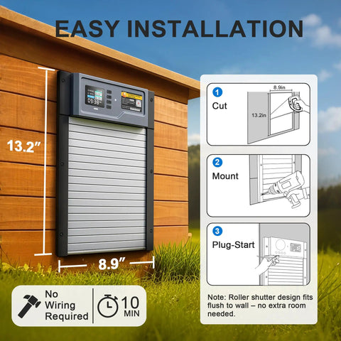 Solar Powered Roll Up Chicken Coop Door With Light Sensor Timer Manual Mode 2500mAh Battery USB C Backup installation guide