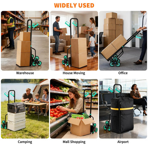 Stair Climbing Dolly Cart With Wheels 440 Lb Capacity, Folding Hand Truck For Stair Use, 2 In 1 Stair And Flat Mode With Triangular 6 Wheel System, Heavy Duty Steel Frame, Easy Push On Stairs used with boxes