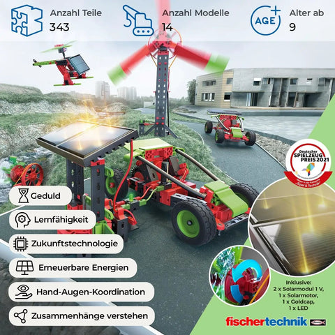 Green Energy Construction Kit With 343 Parts Multicolor STEM Build Set For Hands On Learning And Awesome Interactive Fun And Endless Creative Builds Ideal For Intermediate Makers And Future Engineers. Model kit with solar panel, wind turbine and car