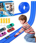 Child playing with 15Ft Flexible Race Car Track For Kids With Suction Cups Easy Setup Roll Up Portable Racetrack and 4 cars