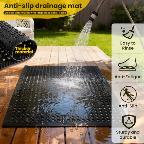 Heavy Duty Rubber Floor Mat With Drainage Holes For Garage Kitchen Restaurant And Outdoor Bar Use 36 By 60 Inches Non Slip Puddle Proof Durable Black Tough As Nails in outdoor setting being rinsed with water showing drainage