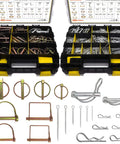 380 Pcs Heavy Duty Pin Kit For Trucks Trailers Tractors Mowers And Hitches Includes Square PTO Pins, Lynch Pins, Hair Pins, R Clips, Cotter Pins And Double Pins In Zinc Plated Steel For Rust Resistance On Farm And Lawn Gear, displaying organized pins in compartments