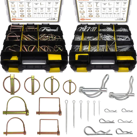380 Pcs Heavy Duty Pin Kit For Trucks Trailers Tractors Mowers And Hitches Includes Square PTO Pins, Lynch Pins, Hair Pins, R Clips, Cotter Pins And Double Pins In Zinc Plated Steel For Rust Resistance On Farm And Lawn Gear, displaying organized pins in compartments