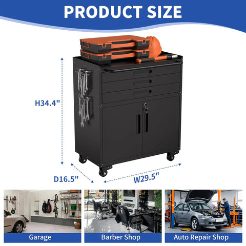 Three Foot Rolling Tool Cart With Lockable Swivel Casters Heavy Duty Three Drawer Storage Cabinet And Pegboard Organizer in garage setup.