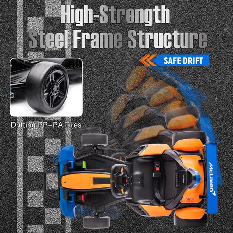Top view of Licensed McLaren Electric Go Kart For Kids With Drift Pedal, shows drifting capability and high-strength steel frame.